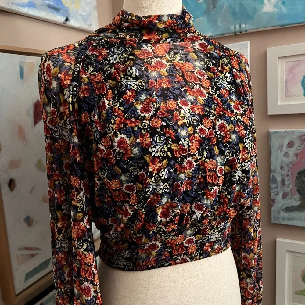 Free People All Dolled Up Top Floral Mesh Boho Fairy Tie‎ Sleeve Cropped y2k XS